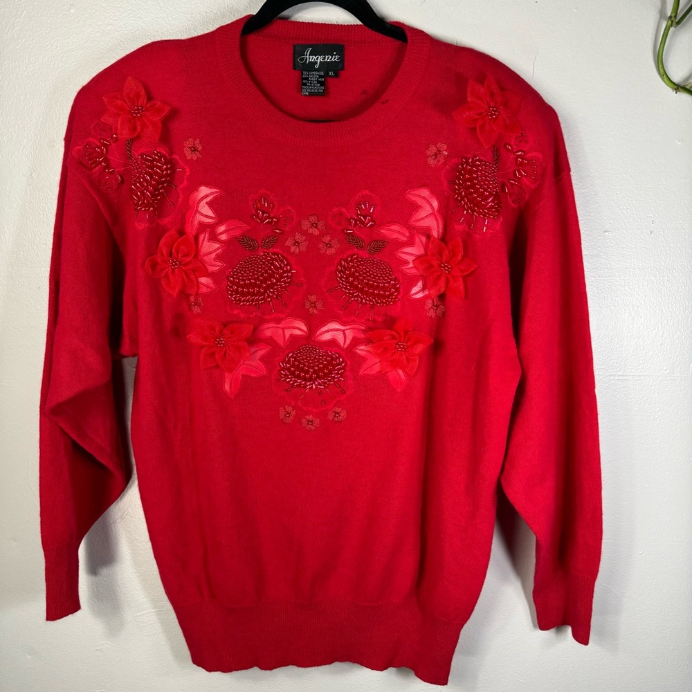 vintage cranberry red embroidered beaded holiday sweater angora wool HONG KONG